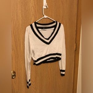 Forever 21 preppy white with black stripes cropped v neck sweater.